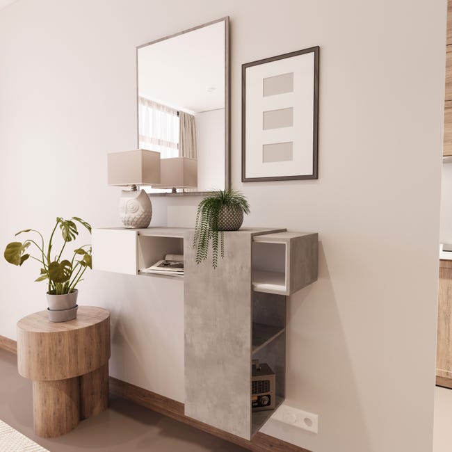 Mobiletto Ingresso Maiorca Con Specchio | Bianco Lucido E Grigio Cemento | 81x116x29cm | Con Cassetto E Mensola - Foto 5