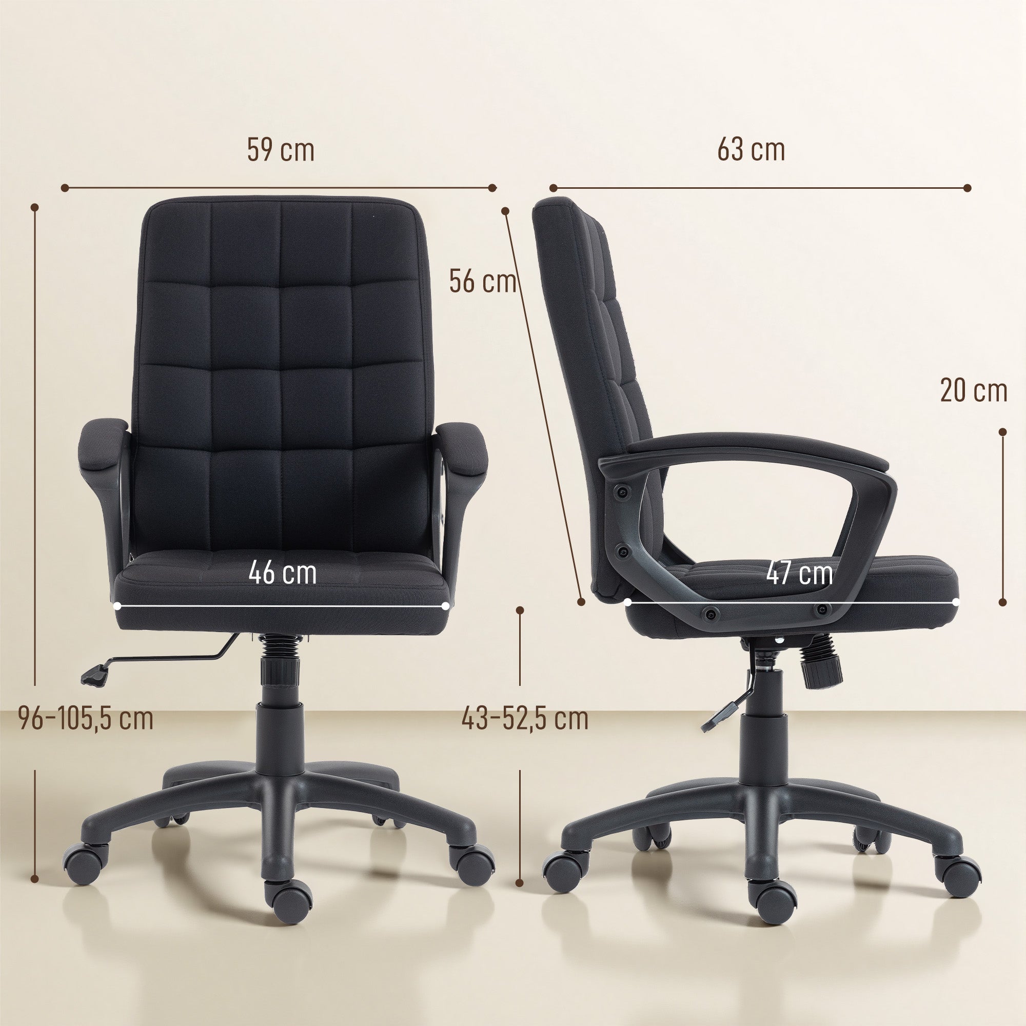 Fauteuil de bureau pivotant revêtu de lin synthétique, réglable en hauteur et en inclinaison, dossier mi-haut, accoudoirs, noir - 5