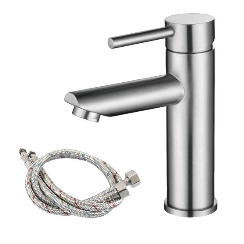 Bateria umywalkowa do łazienki ze stali nierdzewnej 304, prosta wylewka, podwójna kontrola wody ciepłej i zimnej, z 2 wężami 60 cm
