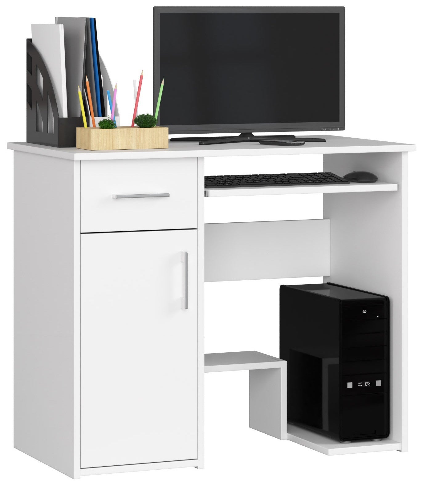 Biurko komputerowe AKORD JAY Białe 90 cm 1 drzwi 1 szuflada kolor Biały mat 3 półki 90x50x74 cm