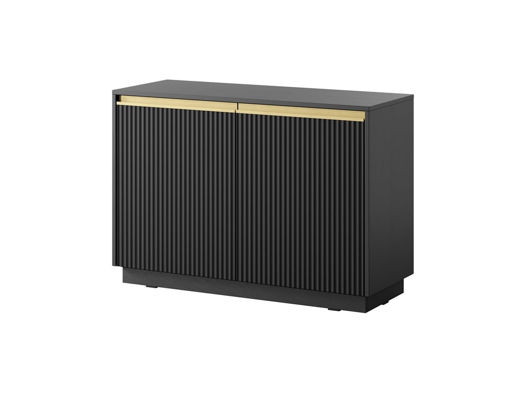 Czarna dwudrzwiowa komoda ROY z ryflowanymi frontami i cichym domykiem – elegancki mebel do salonu