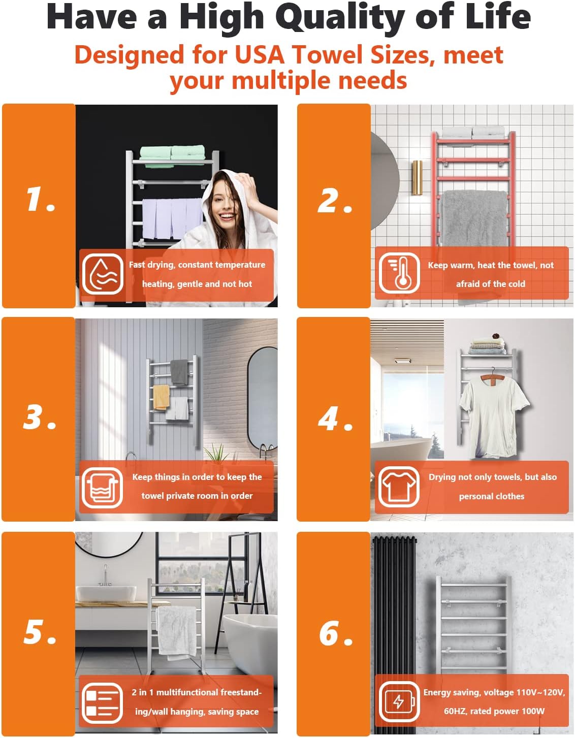 Secador de toalhas elétrico de parede e independente 2 em 1, suporte de parede e suporte de chão, temperatura da superfície 45~50 ℃ - 4