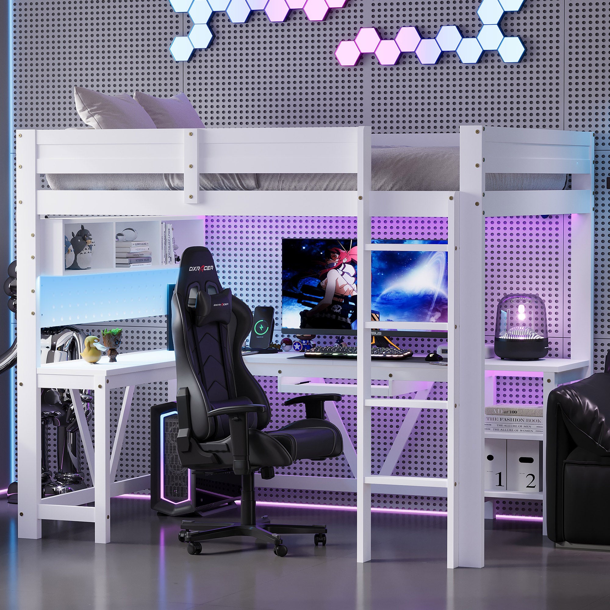 Łóżko piętrowe gamingowe 90 x 200 cm z biurkiem narożnym i 3 przegrodami - MDF + sosna - diody LED i gniazdka - białe (materac nie jest dołączony)