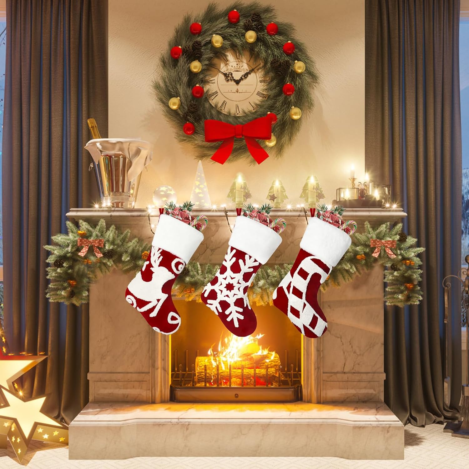 Lot de 3 Bas de Noël 44cm a Suspendre Sac Cadeau Chaussettes Bottes de Noël 3D Brodé Chaussette de Noel Décorations de Cheminée - 2