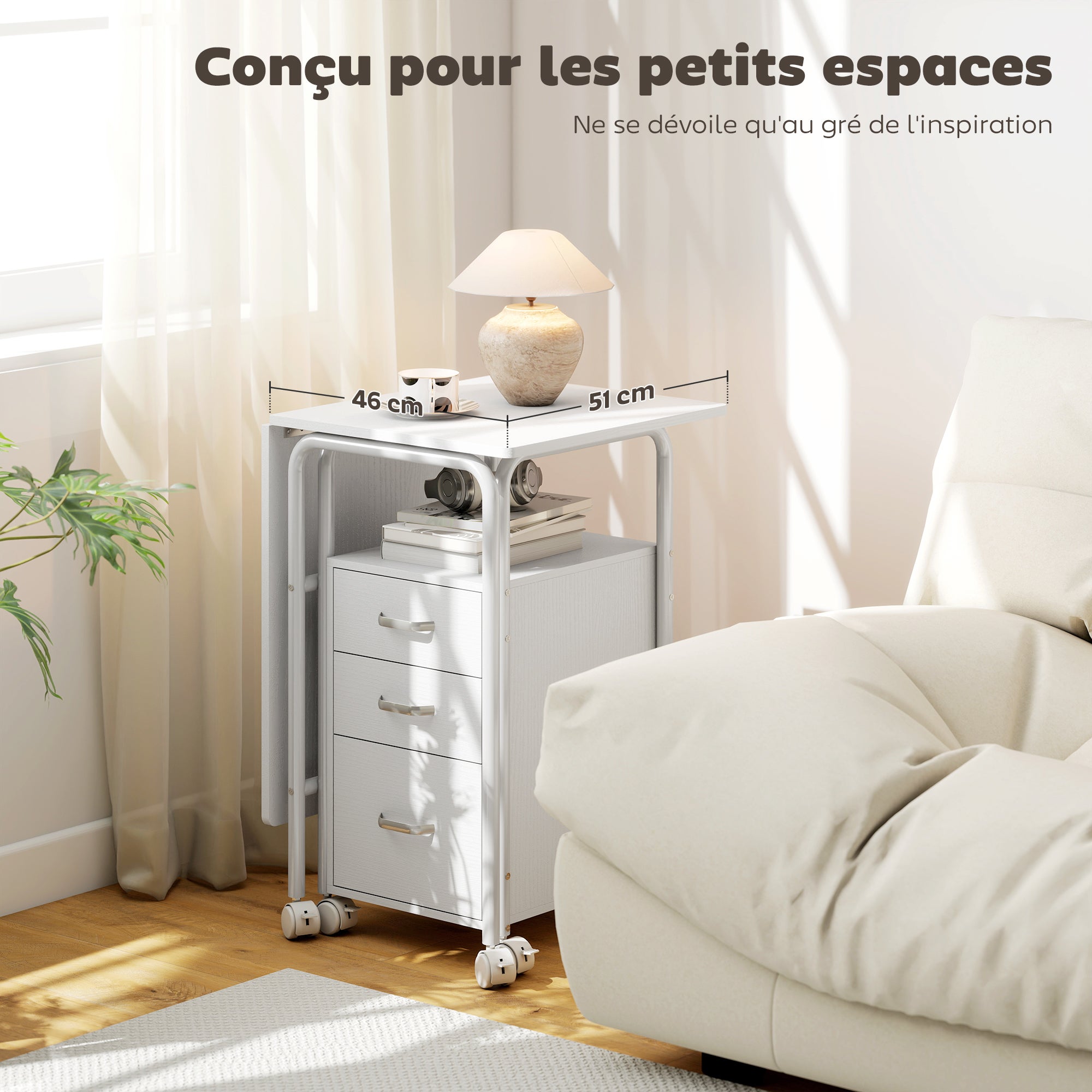 Bureau d'ordinateur pliable sur roulettes, avec rangements, 3 tiroirs ...