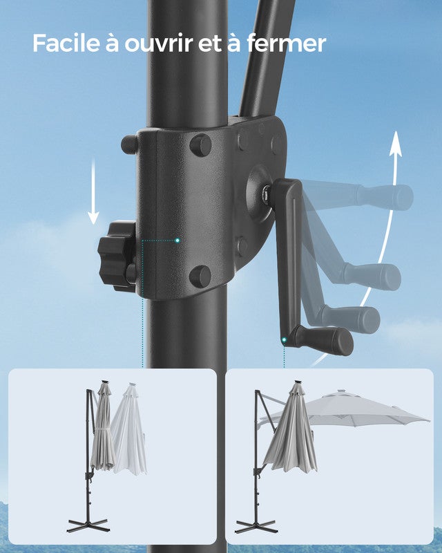 Parasol de Jardin 300 cm, 28 LED Solaires, UPF 50+, Pivotant à 360°, Inclinaison Fluide, Manivelle, avec Base en Croix, Gris Tourterelle - 7
