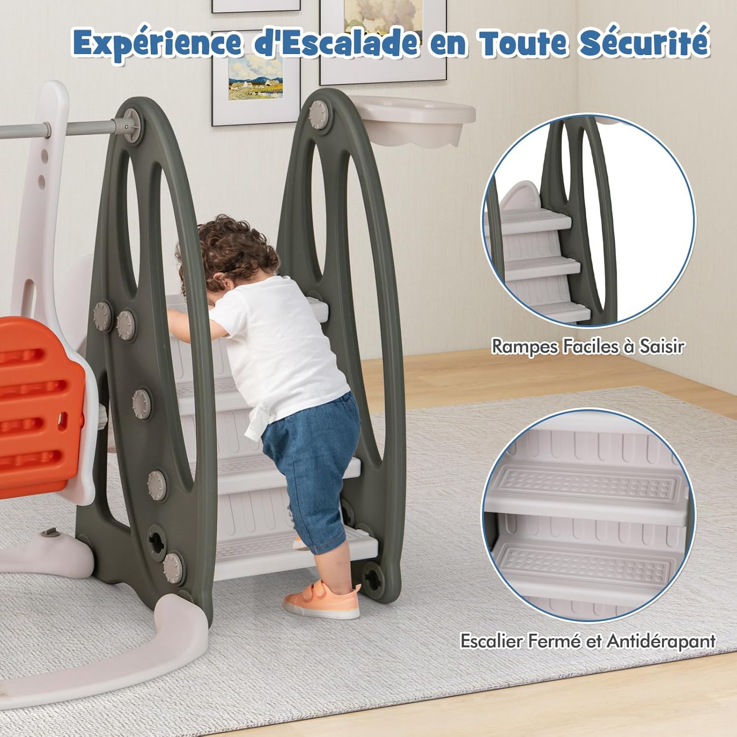 4 in 1 Parco Giochi per Bambini, Set di Scivolo con Arrampicata Altalena Regolabile in Altezza Scivolo e Canestro da Basket, per Bambini 18 Me - 6