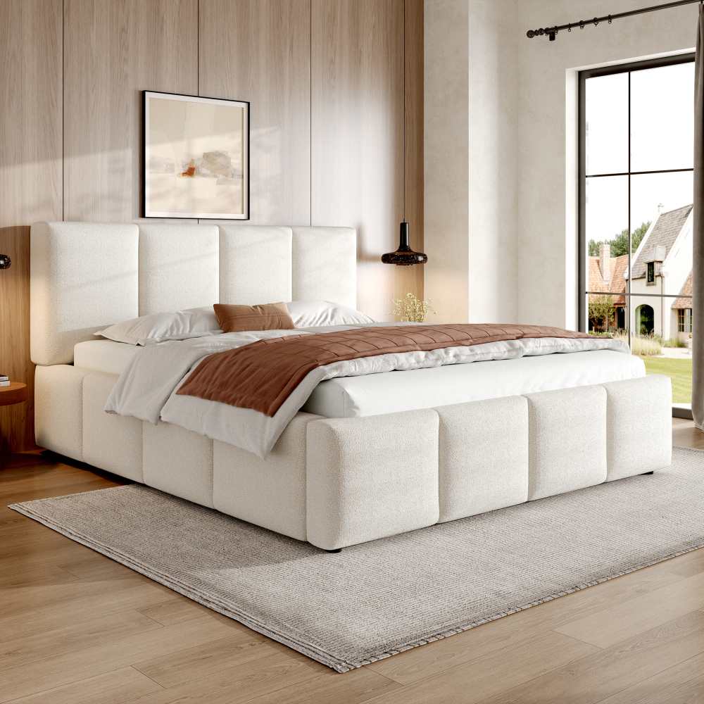 Lit double 180x200 cm rembourré beige bouclé avec tête de lit 11 cm, sommier à lattes inclus, design minimaliste et stable charge 300 kg - 3