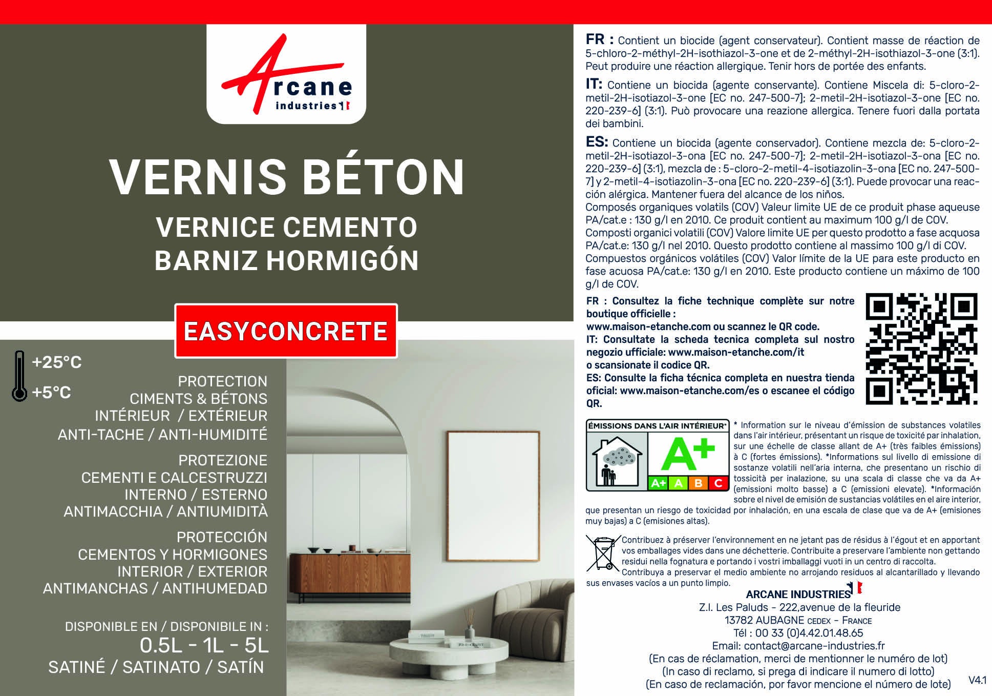 Vernis béton, extérieur ou intérieur, dalle, ciment, enduit : EASYCONCRETE - 0.5 L - ARCANE INDUSTRIES - 9