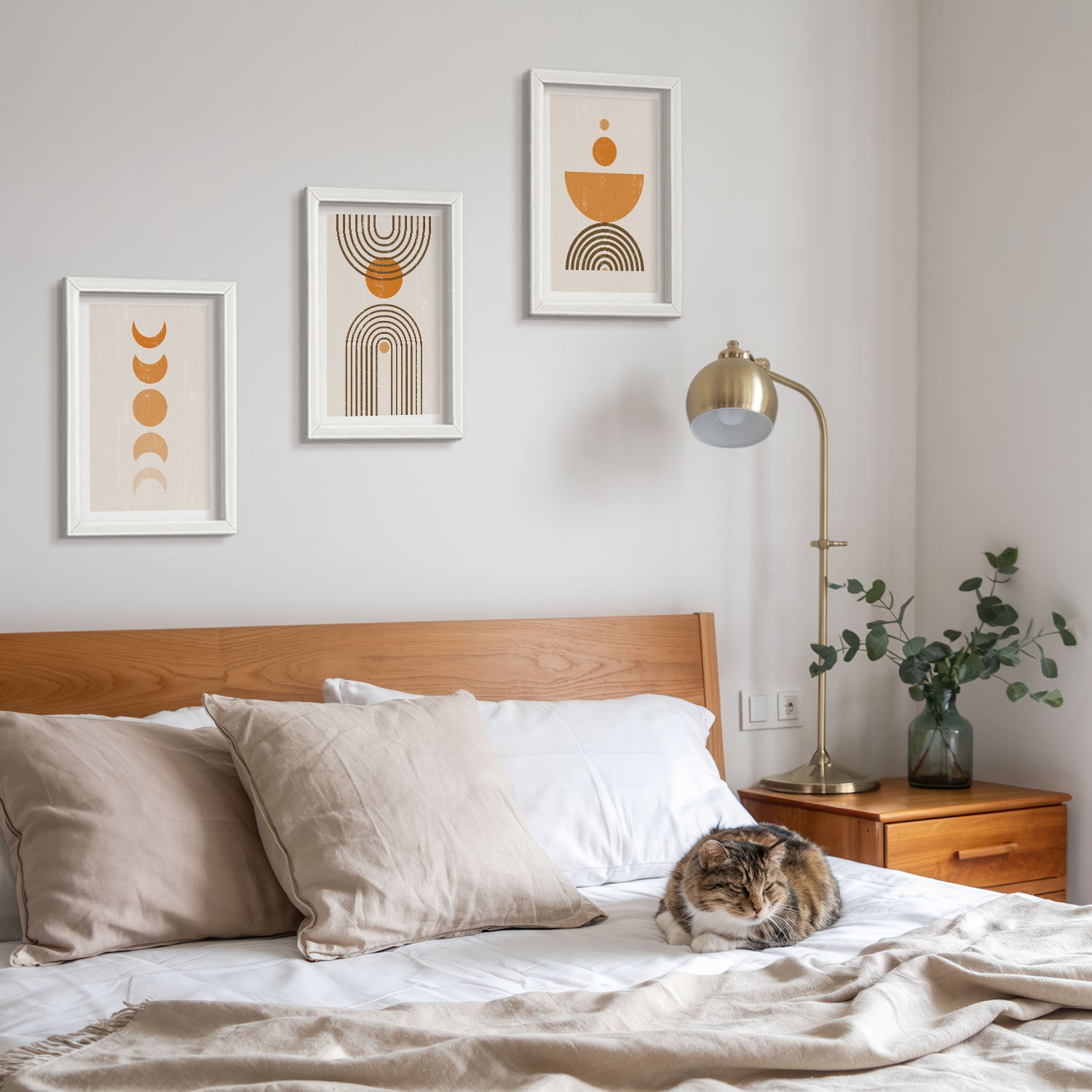 Ensemble de tableaux encadrés - 3 parties | design décoratif minimaliste bohème | Cadre blanc - 4