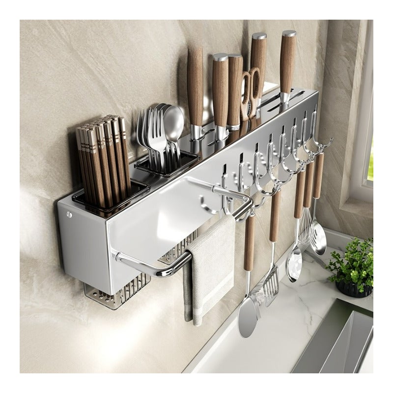Uchwyt na noże kuchenne ze stali nierdzewnej, 8 metalowych haczyków, 50*6*6,7 cm