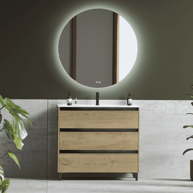 Mueble de Baño A Suelo con Lavabo Cerámico | Mueble Baño con Patas 3 Cajones Con Tirador | 100 cm Roble Natural Tirador Negro