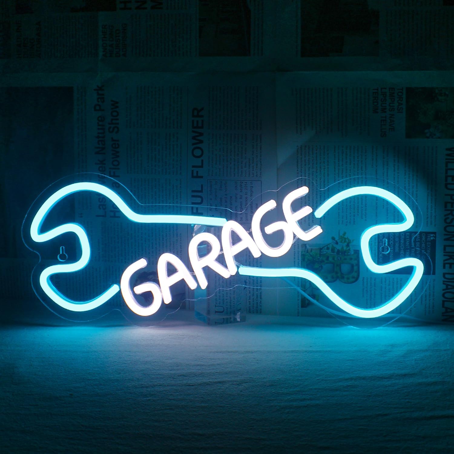 Neonowy panel garażowy z kluczem - Neonowy panel niebiesko-biały, lampka USB garażowa, na ścianę do domu, światło imprezowe