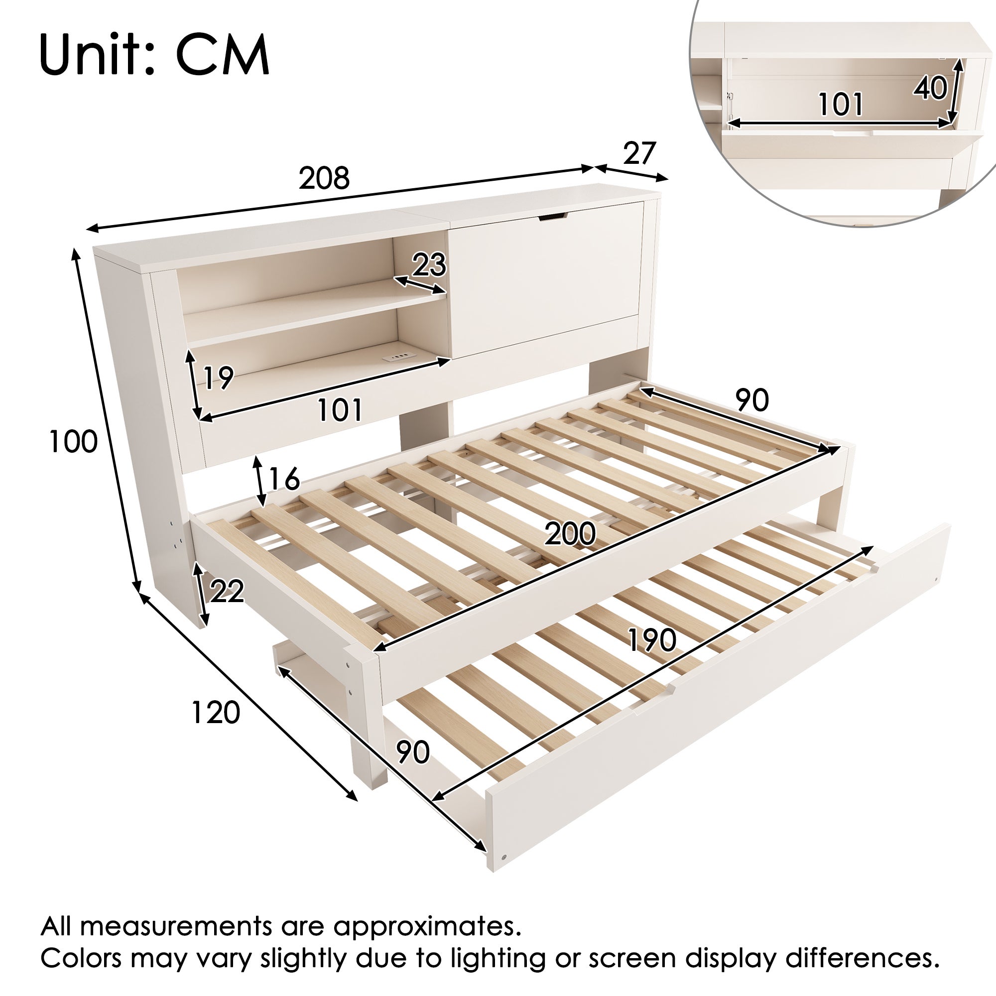 Cama Nido Infantil 90×200 + 90×190 cm con Somier de Madera y USB/USB-C, Sofá Cama con 2 Estantes y Almacenamiento Abatible - Blanco (Sin Colchón) - 6