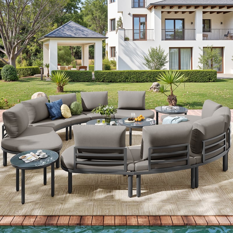 Zestaw mebli ogrodowych modułowych ze stali ocynkowanej: sofa 10-osobowa + 4 szklane stoliki kawowe - Szary