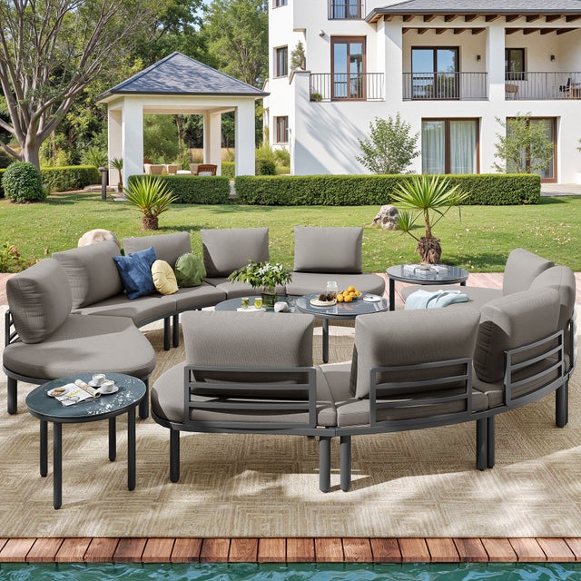 Zestaw mebli ogrodowych modułowych ze stali ocynkowanej: sofa 10-osobowa + 4 szklane stoliki kawowe - Szary