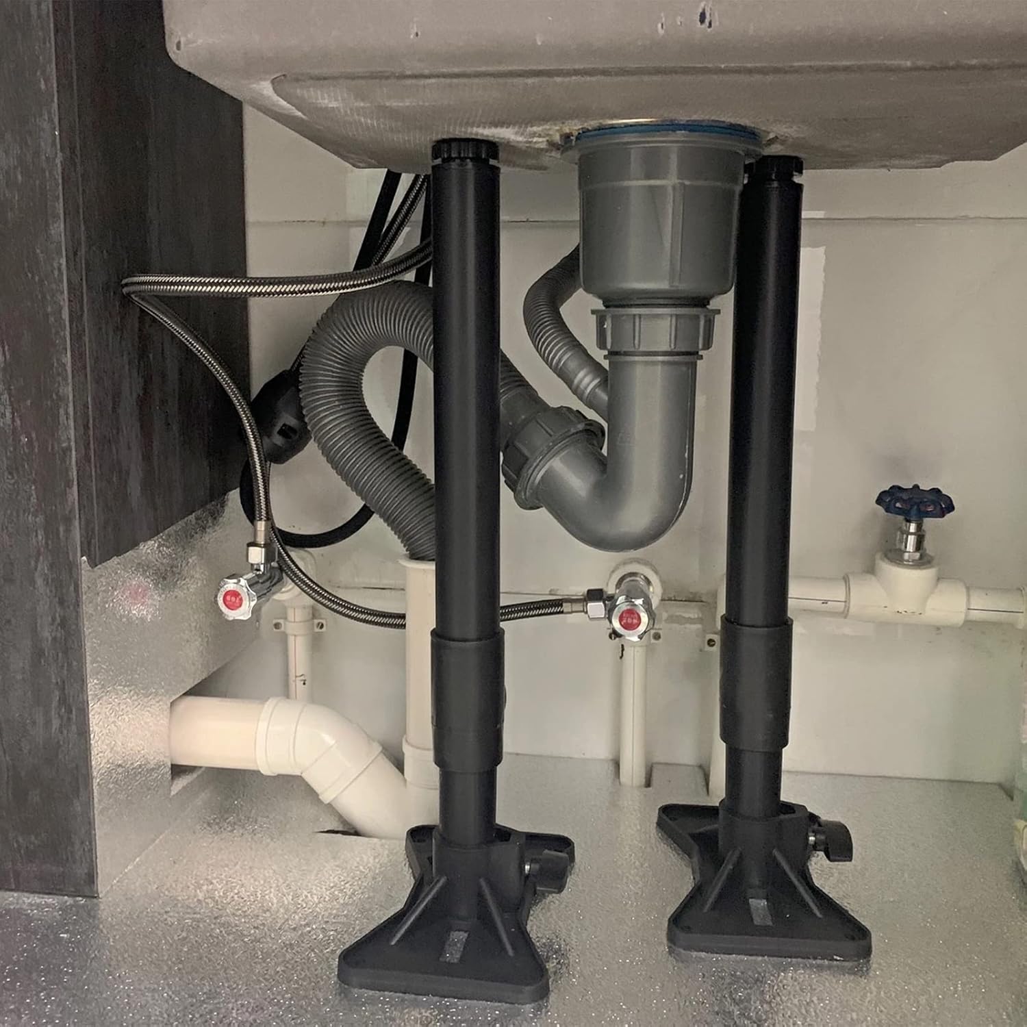 Juego de 2 soportes para fregadero bajo encimera de acero inoxidable - Patas ajustables - Kit de reparación y sistema de soporte 41-70 cm - 5