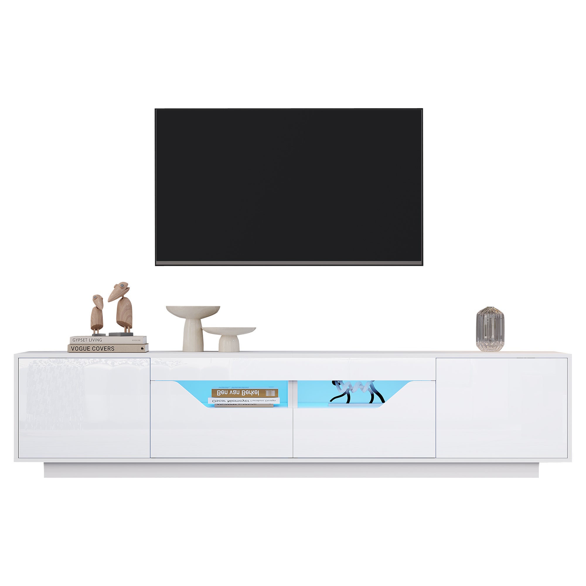 Meuble TV brillant 180x40x45 cm - avec éclairage LED - 2 tiroirs et 2 portes - Compatible avec téléviseurs 75 pouces - Blanc - 7