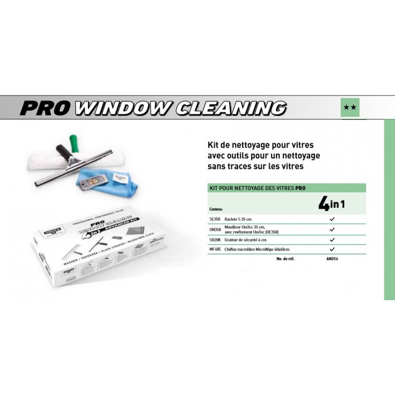 Unger Total Pro Kit Professionale Per Pulizia Vetri - Set Da 30,5 Cm Con Tergivetro, Spugna E Asta Telescopica, 2 Panni In Microfibra, Risultato Senza Aloni