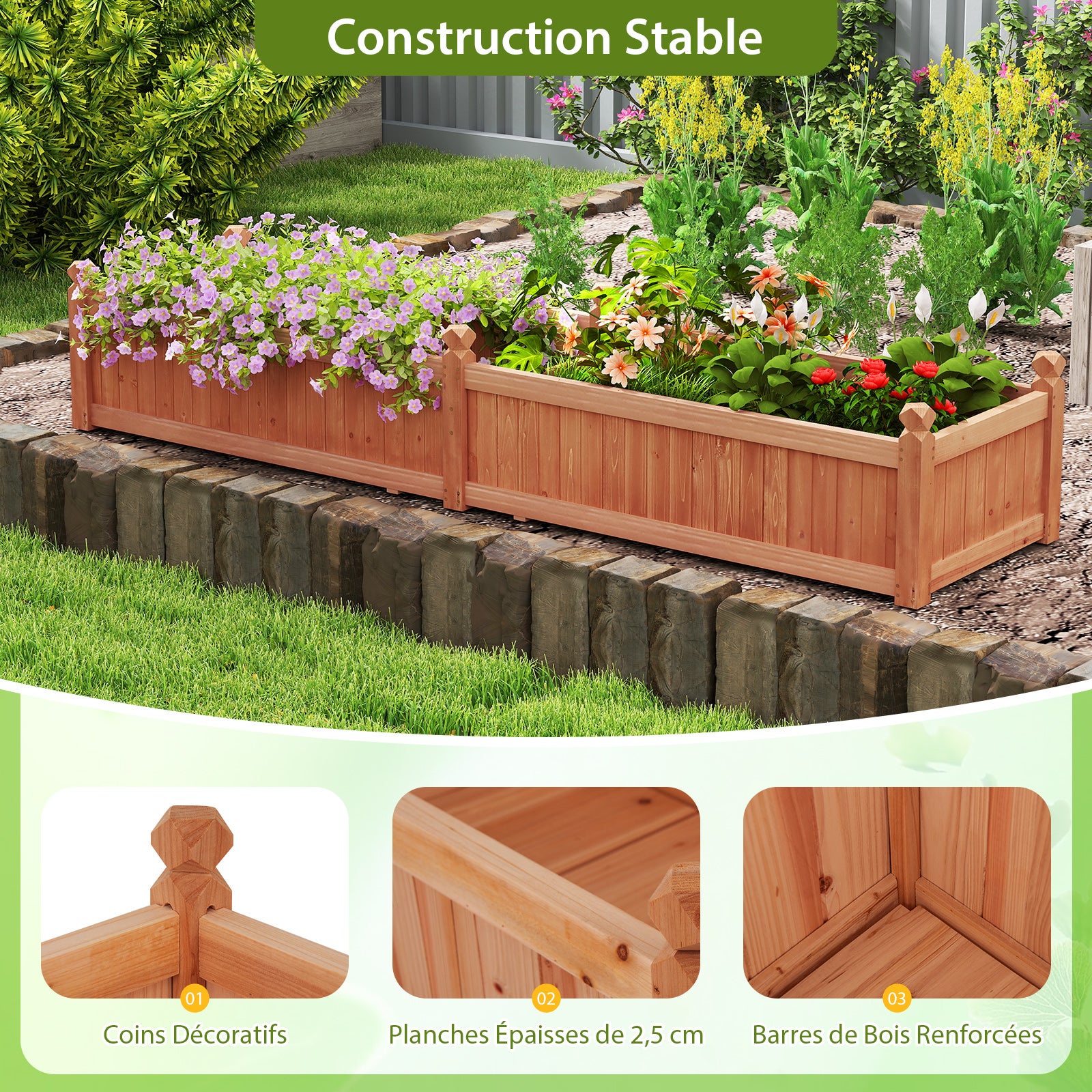 Jardinière Rectangulaire 227 x 59,5 x 40 cm avec Séparateur, Système de Drainage, Doublure, pour Cultiver des Légumes, Fleurs, Marron - 2