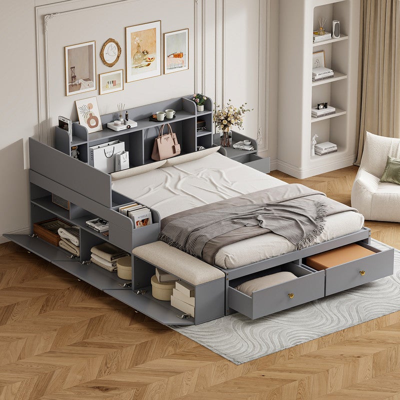 Łóżko dziecięce łączone 140x200 cm - Z 2 szufladami - Z szafką nocną - Z dużym modułem do przechowywania - Z ławką - Szare