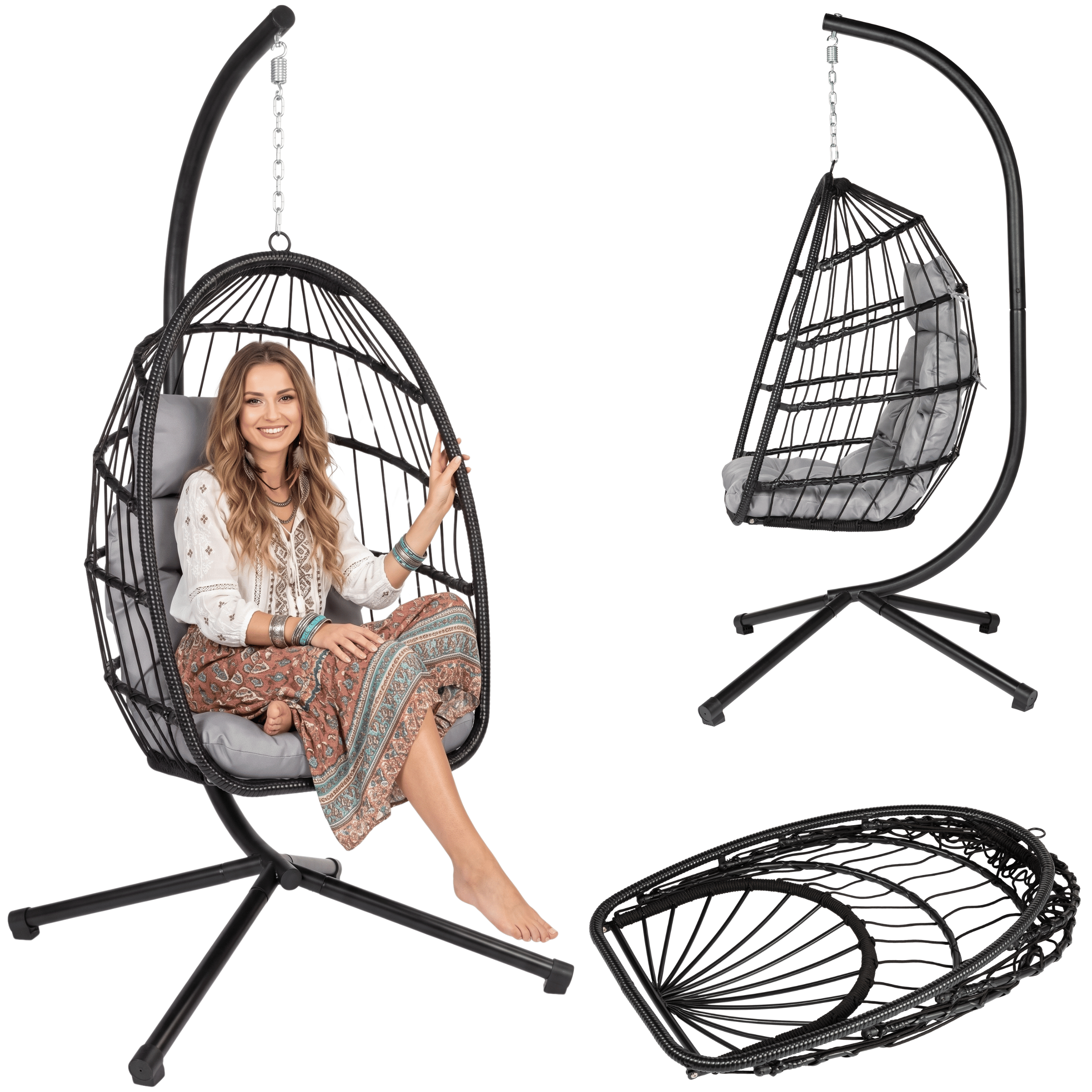 Fotel wiszący styl boho kokon ogrodowy składany poduszki FUNFIT GARDEN