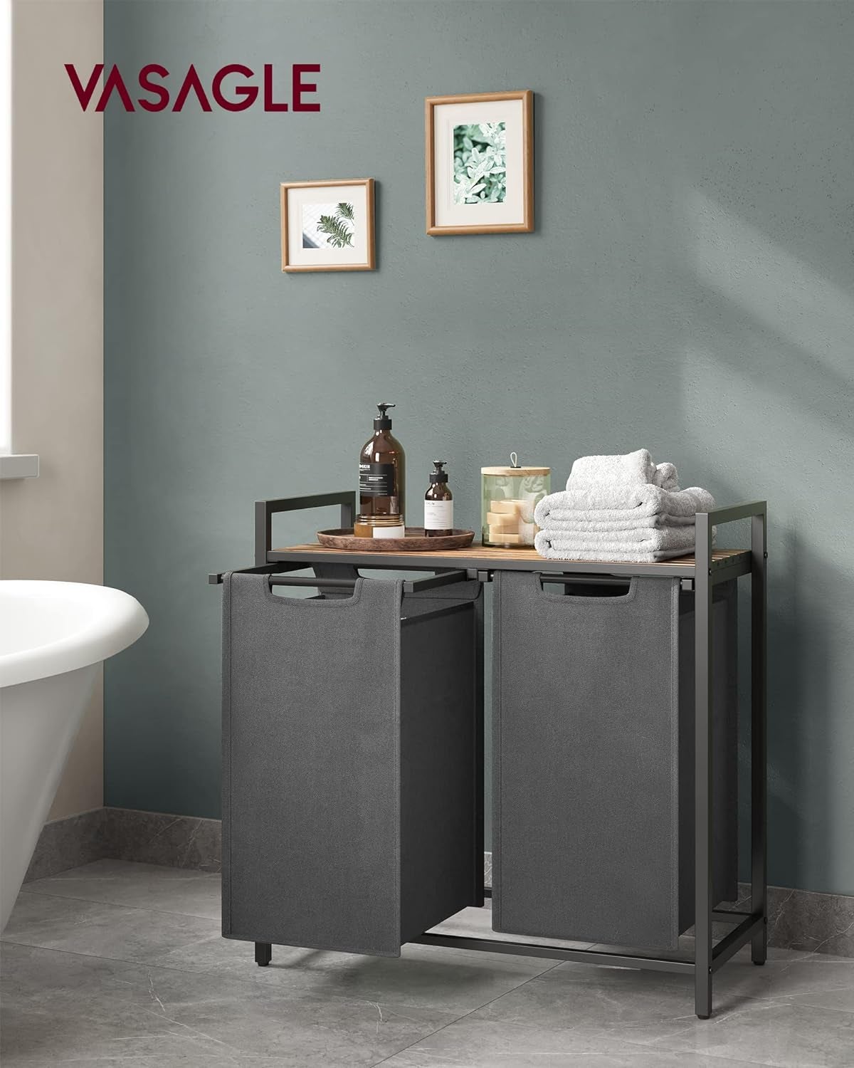 Cos de rufe, 2 compartimente, saci de rufe detasabili, raft, cadru metalic, 2x46L, 73x33x72 cm, maro rustic si gri