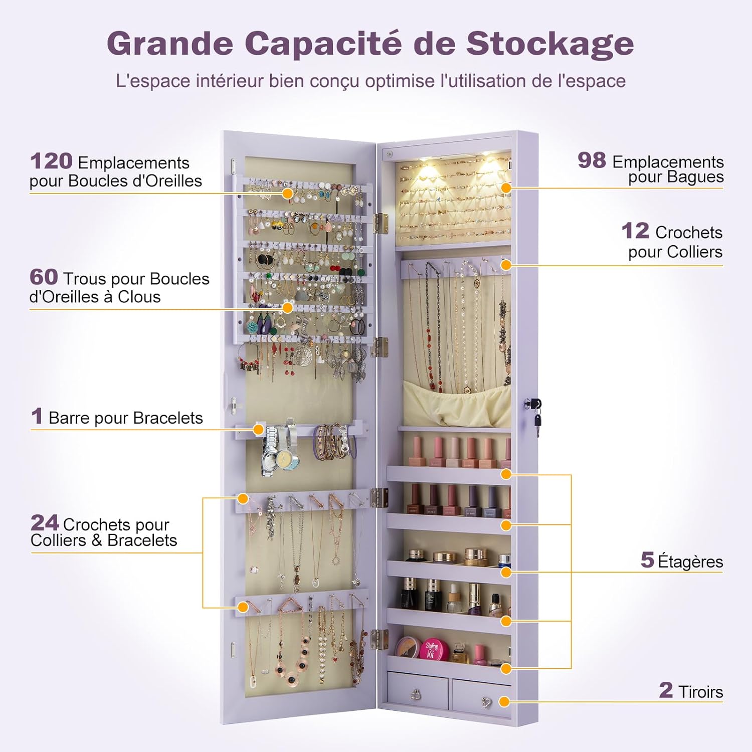 Armoire à Bijoux avec Miroir, Armoire a Bijoux Murale avec Éclairage LED, 2 Tiroirs, Fixer au Mur ou à Suspendre sur Porte (Violet) - 6