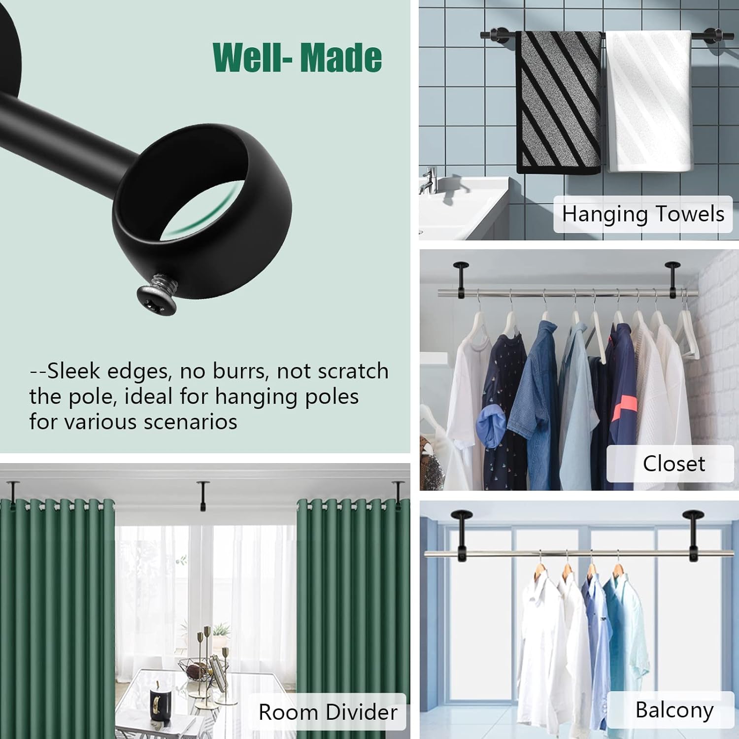 Jeu de 2 supports de tringle à rideau noirs robustes pour tringle de plafond, supports de tringle à rideau en acier inoxydable de 25 mm, supports de t - 5
