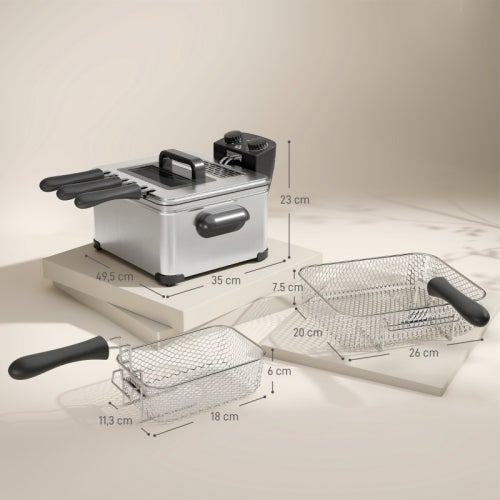 Friggitrice Elettrica SOARS 5L - 2000 W, 3 Cestini, Temperatura 150-190°C, Acciaio Inox, Coperchio Con Filtro E Vetro, Lavabile In Lavastoviglie