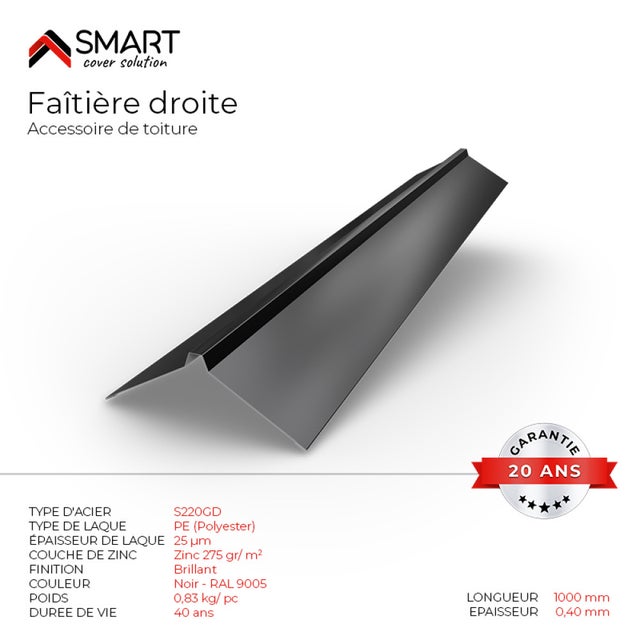 Faîtière droite - bac acier - tôle de couverture - Toiture - H12 Noire RAL 9005 L=1m