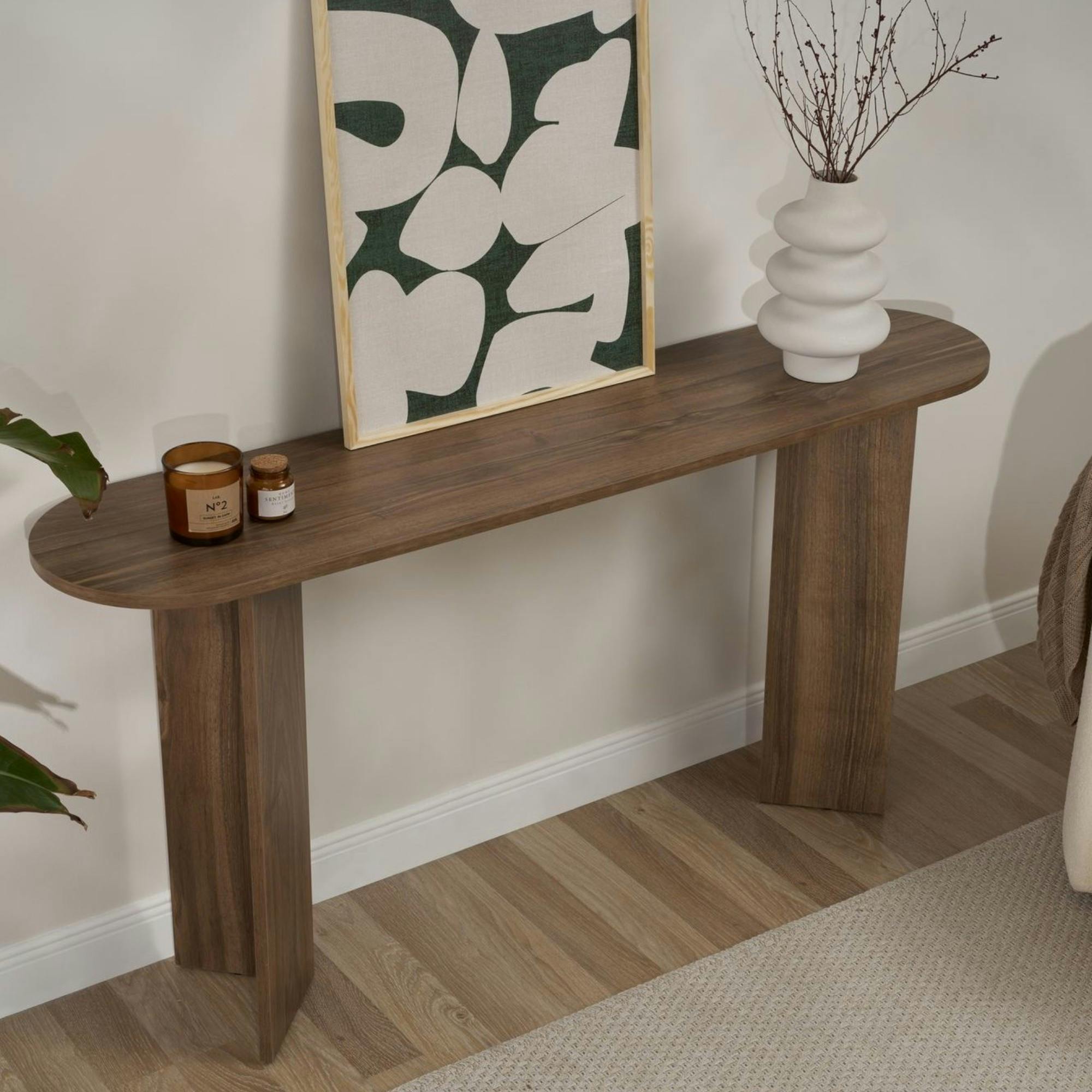 Console de salon ovale effet noyer foncé - pieds en V MARFA - 3