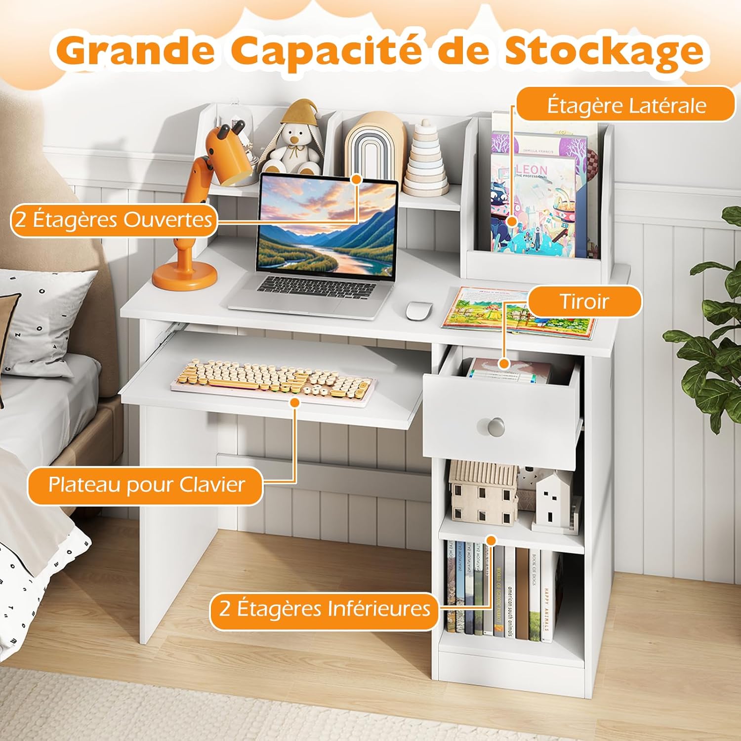 3 en 1 Bureau Enfant 90 x 45 x 90CM avec Rangement, 1 Tiroir 2 Étagères, Table Enfant en Bois avec Plateau à Clavier, Blanc - 4