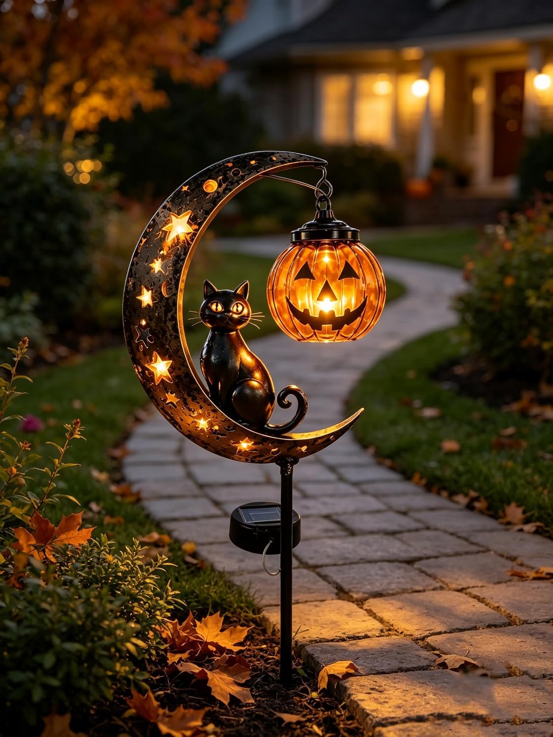 Decorațiune de grădină de Halloween, pisică neagră și lună de dovleac