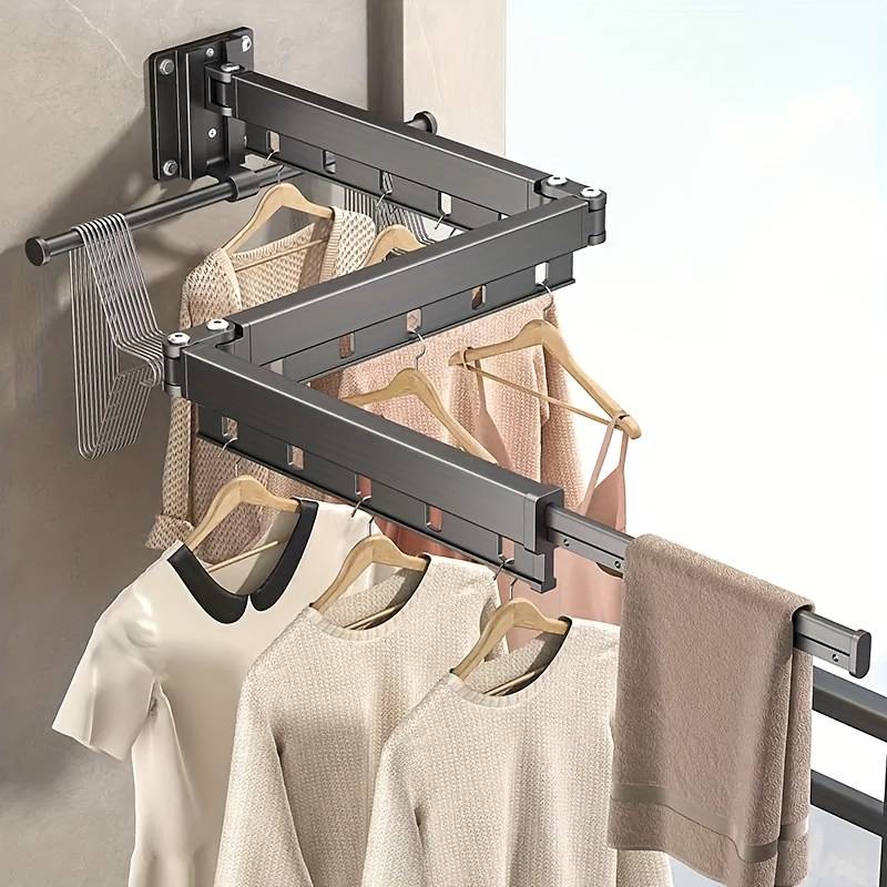 Étendoir à linge mural pliable 128,5 cm, installation sans perçage ou à vis, anti-vent et résistant, pour balcon et salle de bain - 9