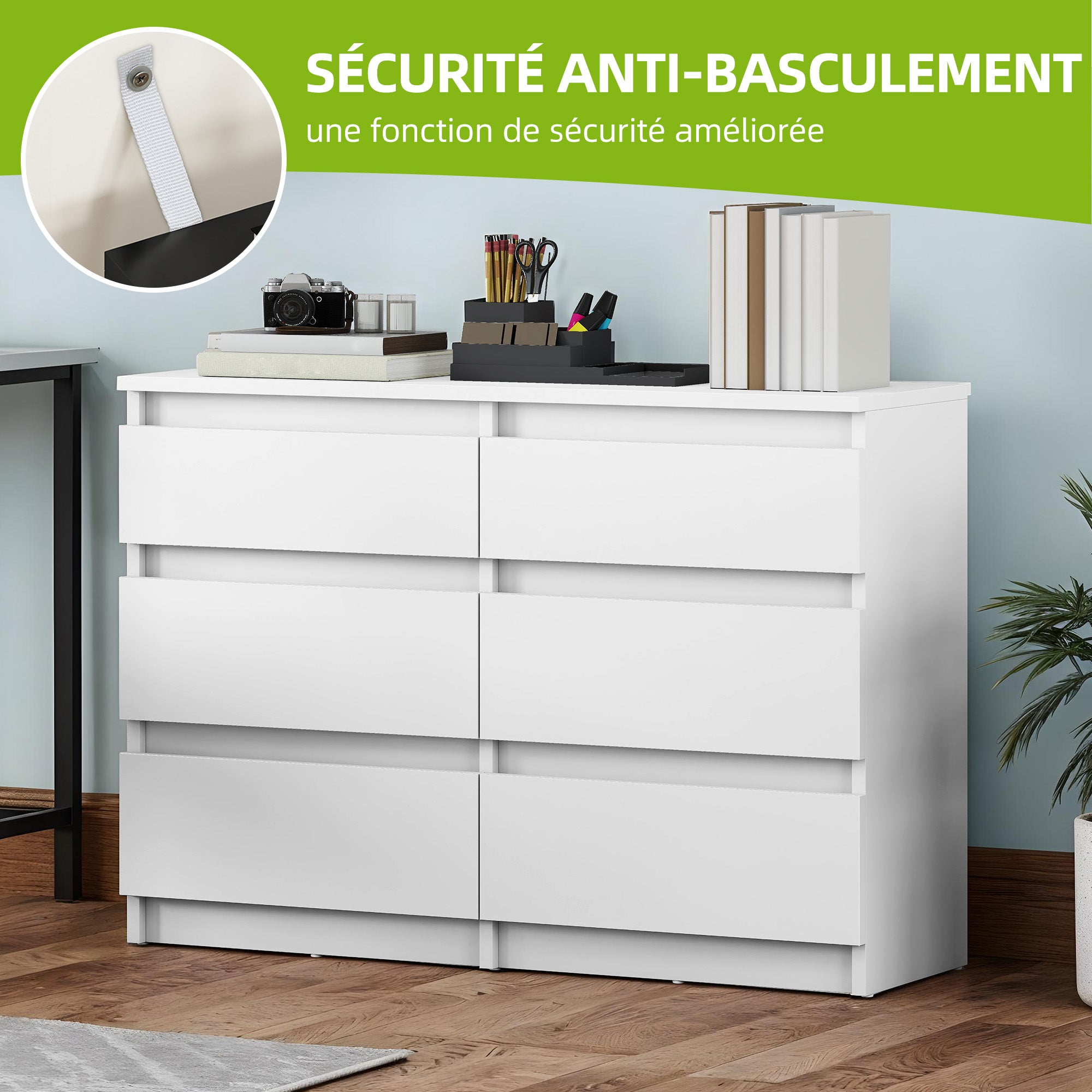 YITAHOME Commode en Bois à 6 Tiroirs avec Glissières - Table de Chevet - 100 x 30 x 70 cm , Blanc - 5