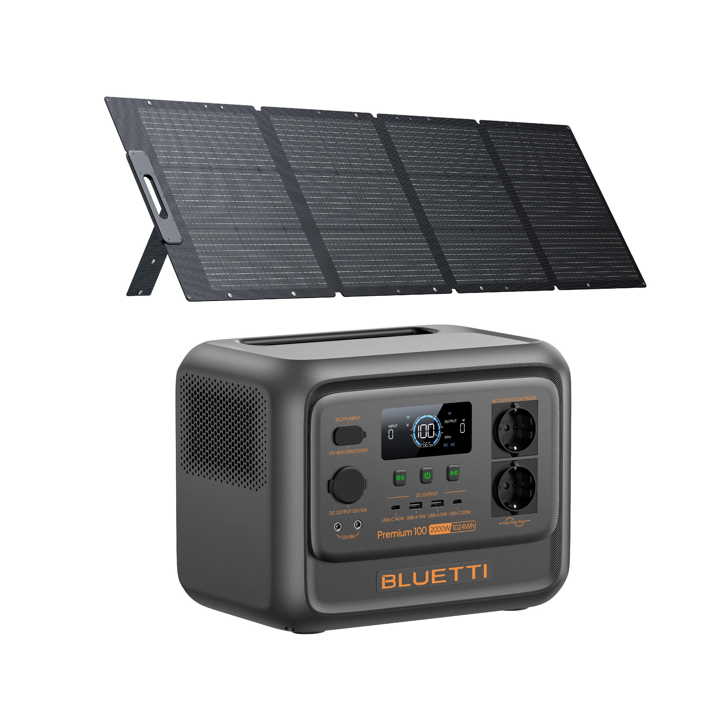 Zestaw BLUETTI Premium 100 V2 z panelem solarnym 200W – Akumulator 1024Wh, generator solarny 2x2000W (maks. 2700W)