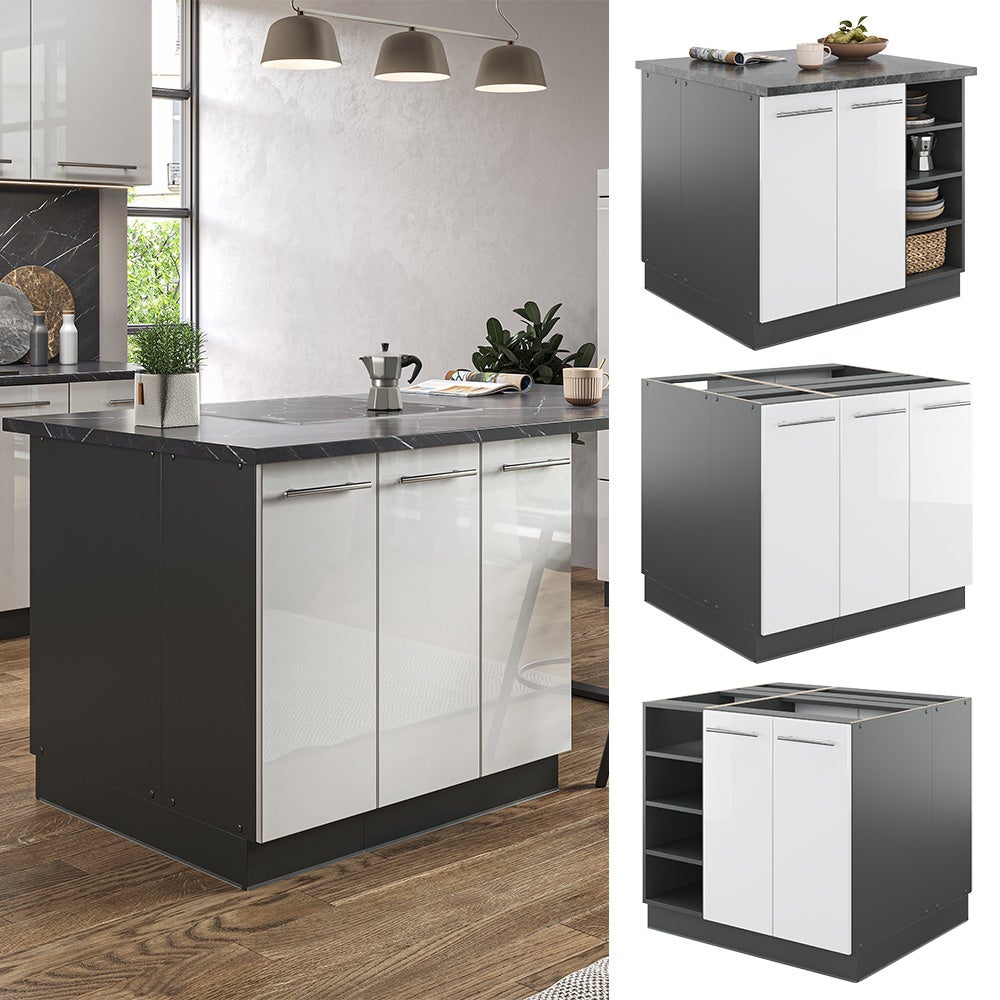 Vicco Îlot de cuisine Fame-Line, Blanc brillant/Anthracite, 90cm sans PT - 2