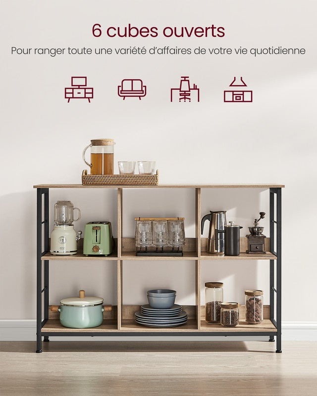 Meuble de Rangement 2 Niveaux, Étagère Rangement, Bibliothèque Style Industriel, 6 Cubes, 33 x 120 x 80 cm, Marron Camel et Noir d'Encre - 3