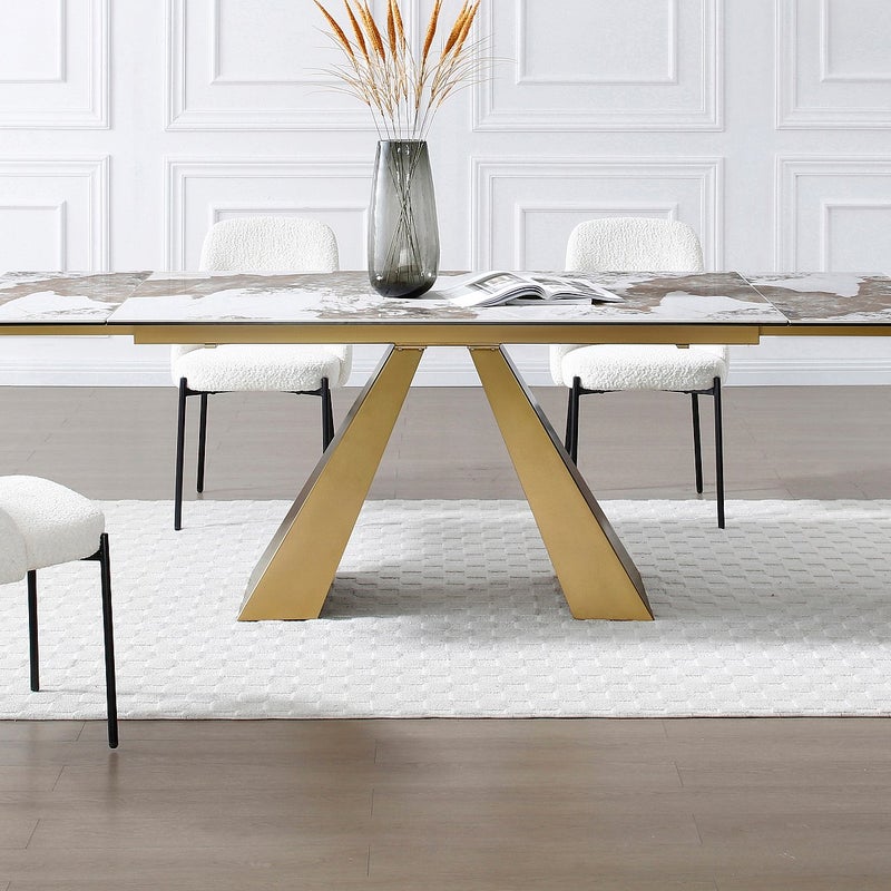 Stół do jadalni rozkładany dla 6 do 10 osób ze szkła hartowanego, ceramiki i złotego metalu - Efekt białego marmuru i taupe - LOZIPA marki Maison Céph