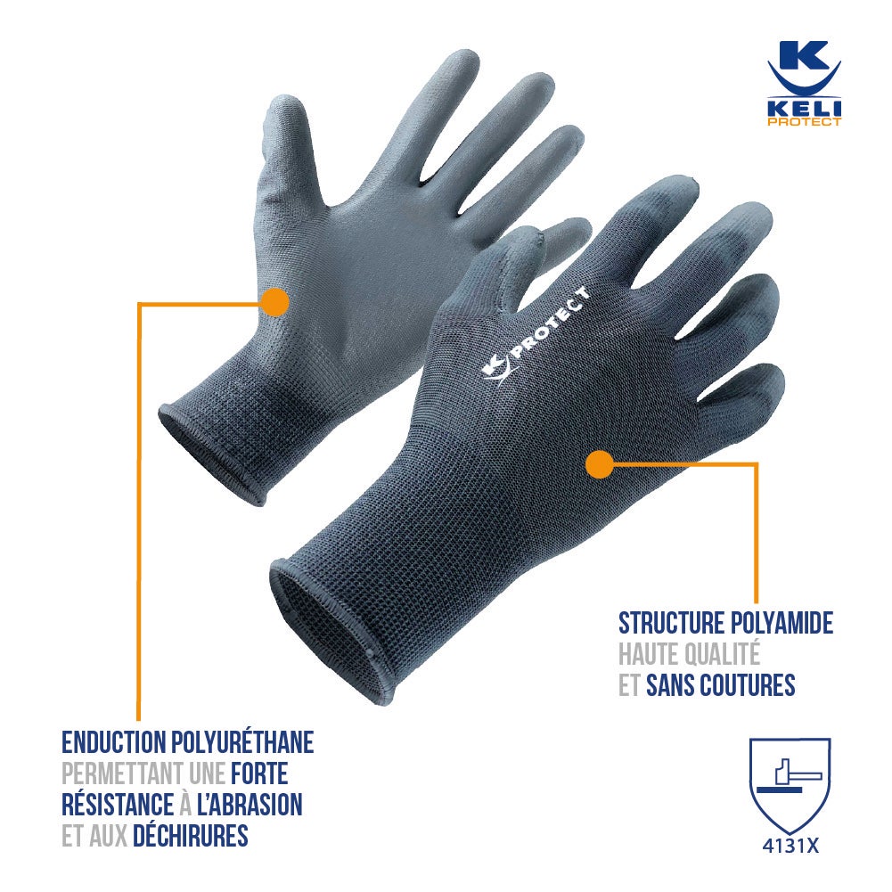 Lot de 5 Paires de Gants de Protection PU Gris - Manutention & Tous Travaux Bâtiment - Enduction Polyuréthane - Sans Couture - Taille 11 - 2