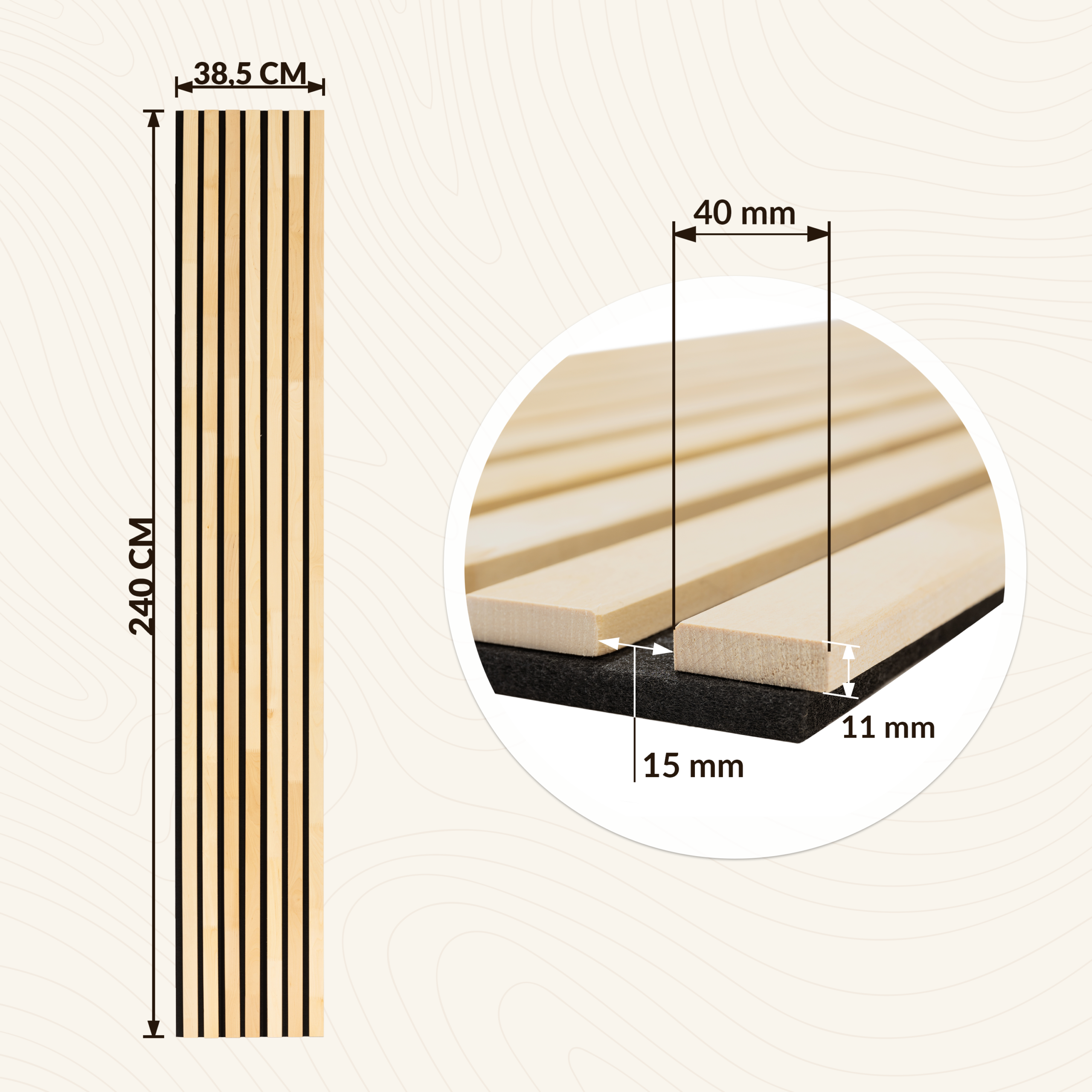 Lot de 2 Panneau Tasseau Acoustique en Bois - Bois de Bouleau Massif - 2400x385mm - Lattes 40mm, Support en Feutre Noir - 3