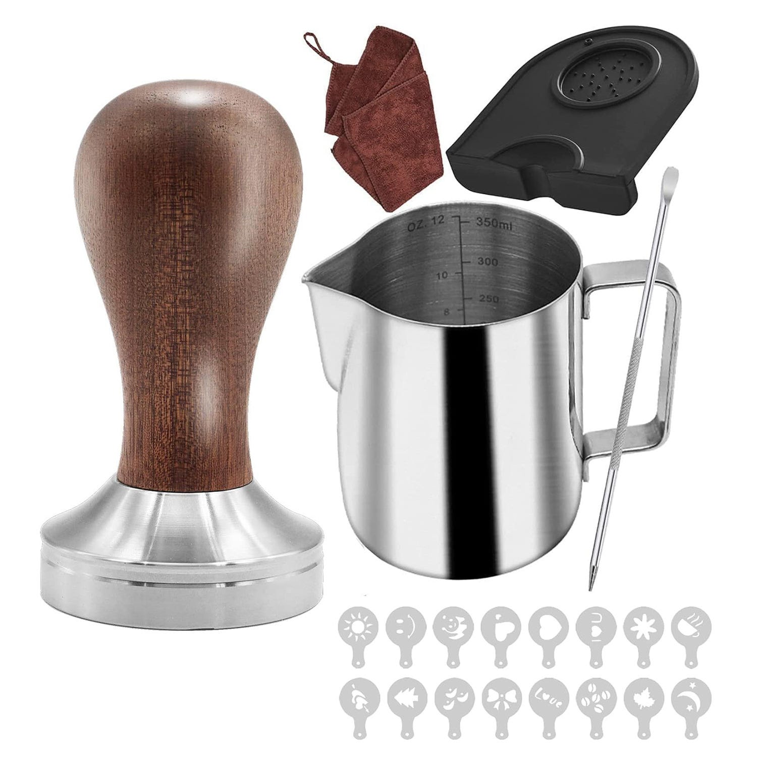 Kit Barista KYONANO 51 Mm - Presse Café Acier Inox + Tamper Bois, Pot à Lait 350 Ml, Tapis, Stylo | Accessoires Espresso Pro