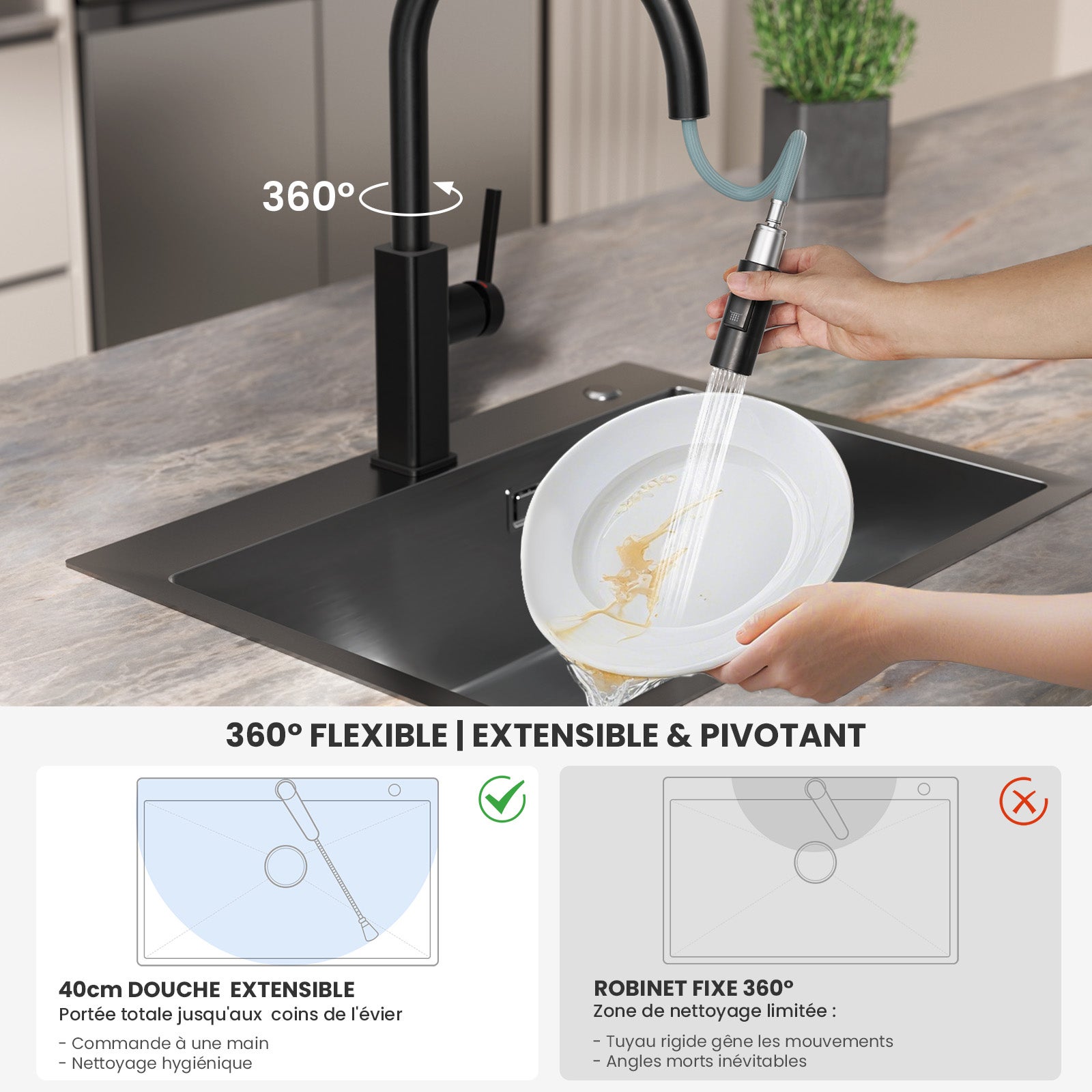 Mitigeur de Cuisine avec Douchette Extractible, Robinet de Cuisine en Inox, Robinet Douchette pour Cuisine Noir - 2