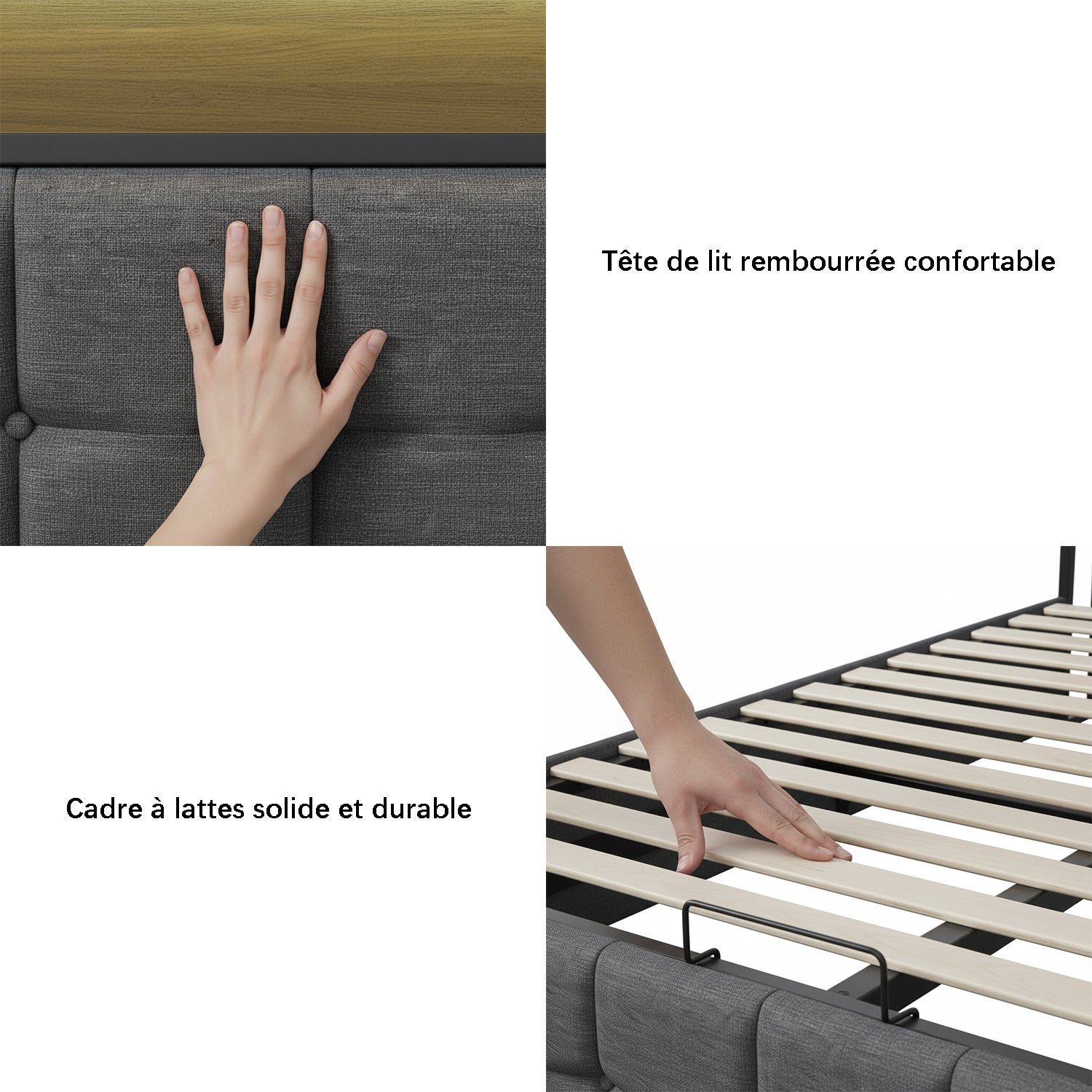 Lit coffre 140x190 cm avec sommier à lattes, lit double 140x190 cm avec LED, cadre de lit adulte avec port USB et Type C, tissu en lin, gris - 5