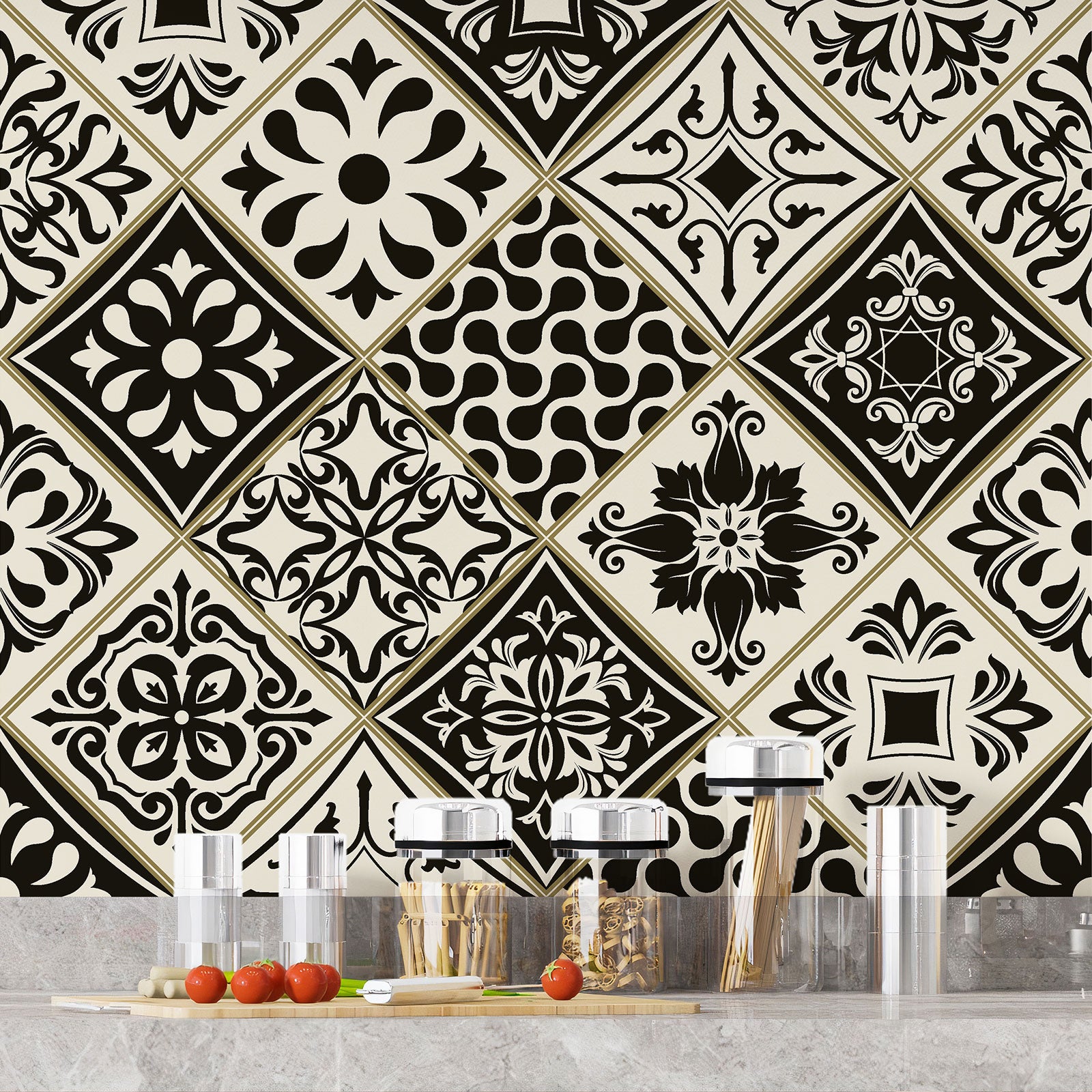 Crédence adhésive sticker décoratif pour cuisine - Effet carreaux de ciment - Adhésif BRILLANT - 60x60 cm - 4