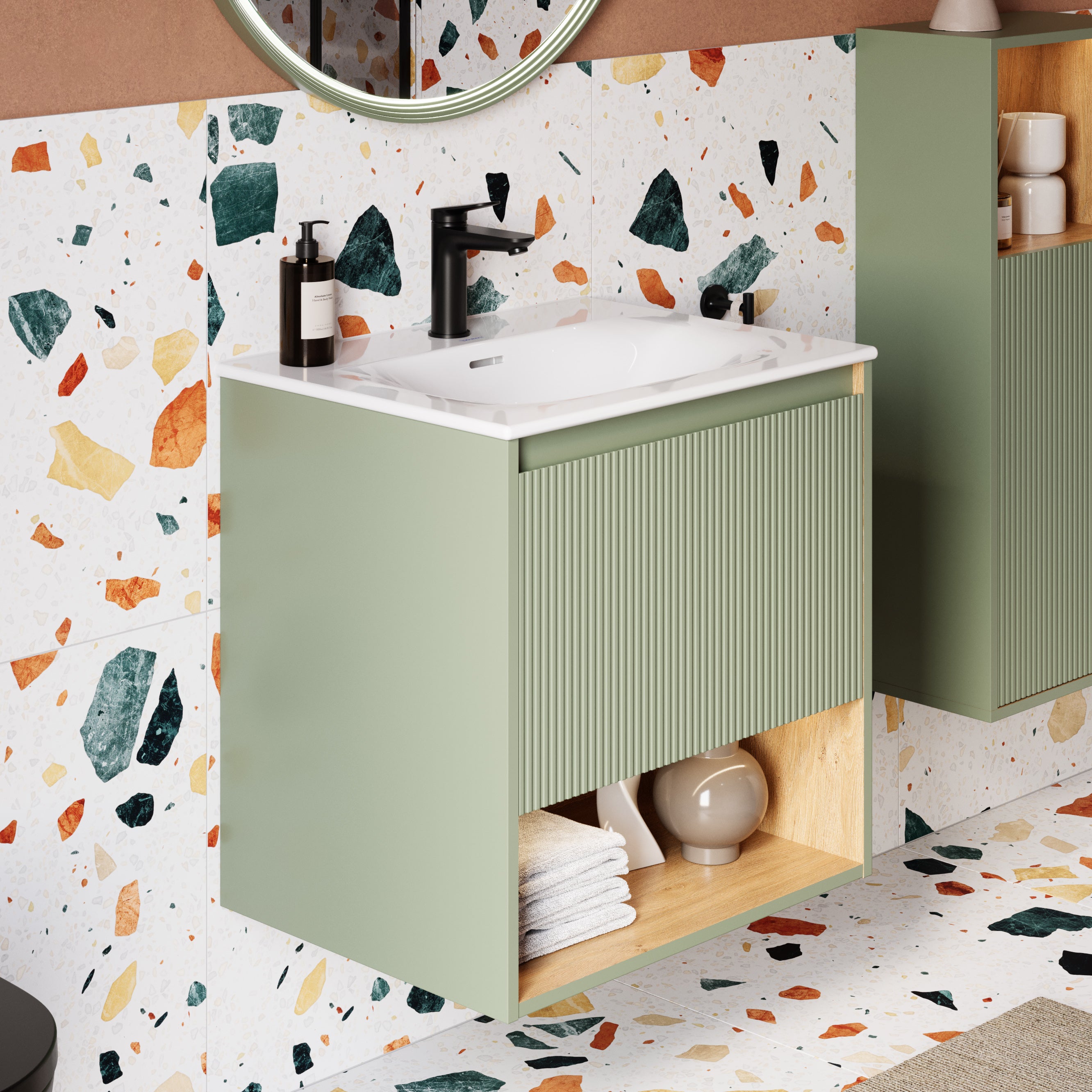 BERNSTEIN - Meuble vasque suspendu MDF Vert jade mat, lavabo Blanc ...