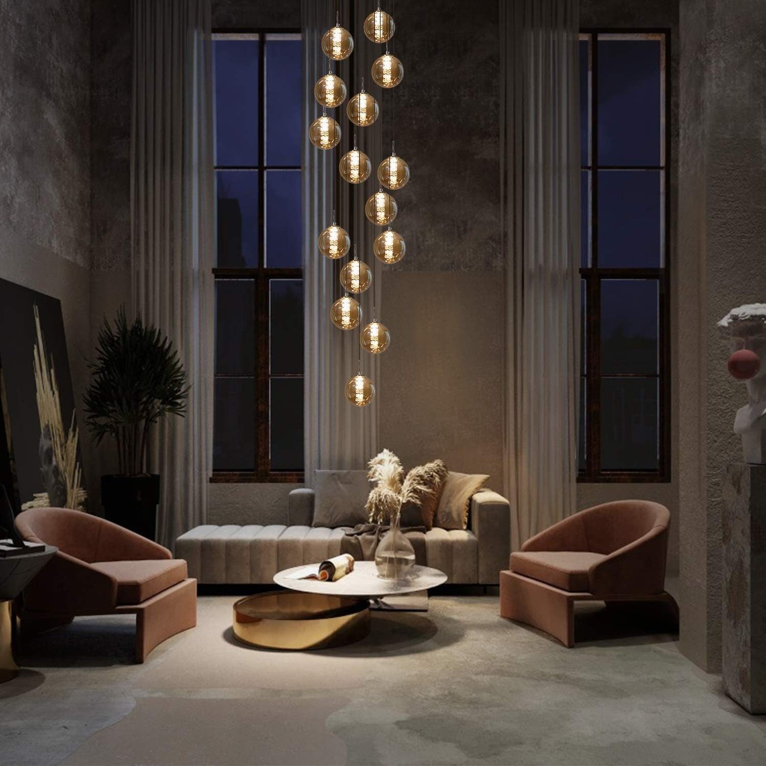 NETTLIFE Suspension Verre Ambre Moderne Diam.41cm G9 Escalier Hauteur Réglable Lustre 15 Ampoules Cuisine Couloir Lampe pour Salon - 2