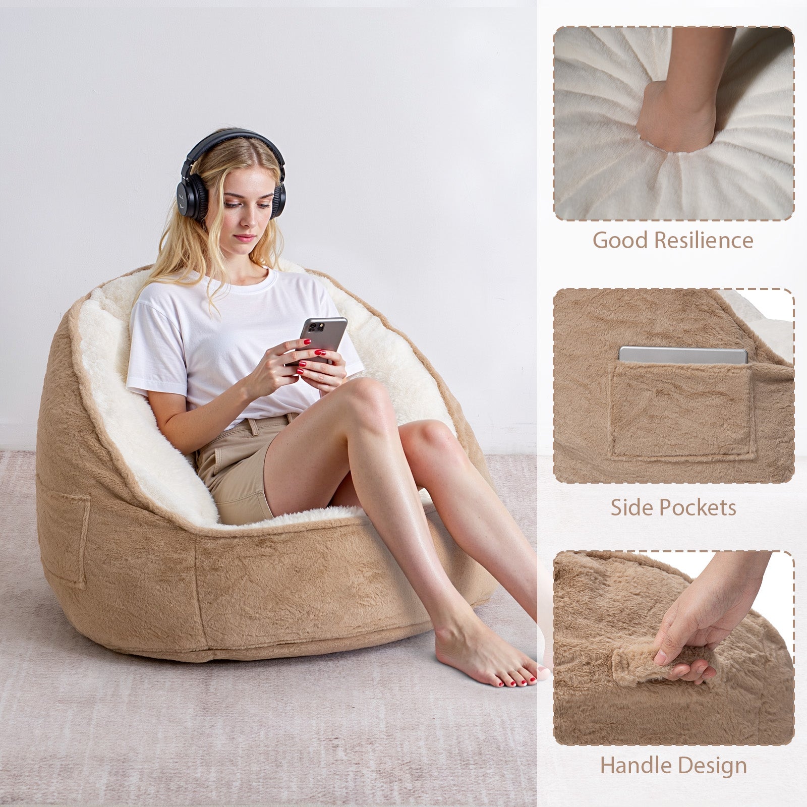 1x pouf bean bag fauteuil poire coussin 50x70cm confortable durable lavable léger salon intérieur extérieur - couleur coco - 7
