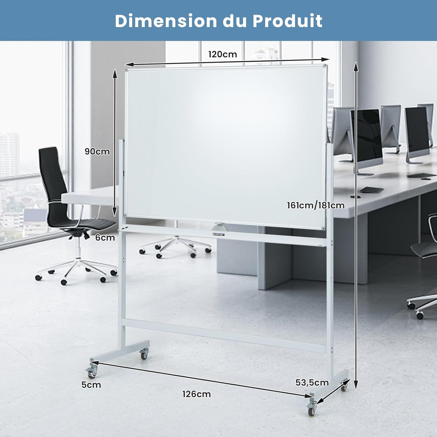 Lavagna Bianca Regolabile in Altezza con Ruote e Bordo Magnetico, Lavagna a Doppio Lato Cancellabile a Secco con Griglia, 4 Ruote Bloccabili, - 3